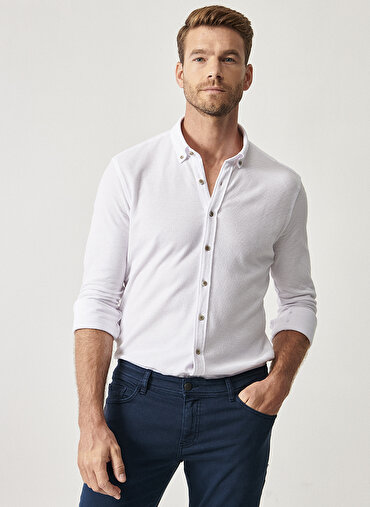 Erkek 360 Derece Her Yöne Esneyen Düğmeli Yaka Örme Tailored Slim Fit Gömlek