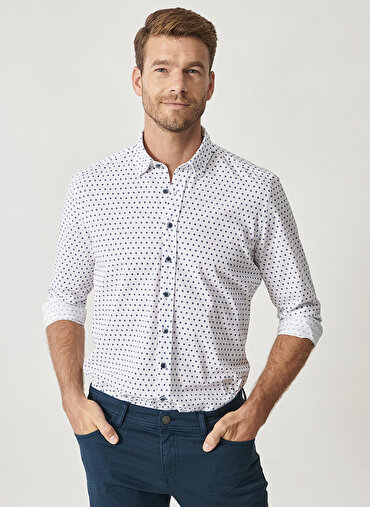 Erkek Beyaz-Lacivert Baskılı Düğmeli Yaka Tailored Slim Fit Gömlek