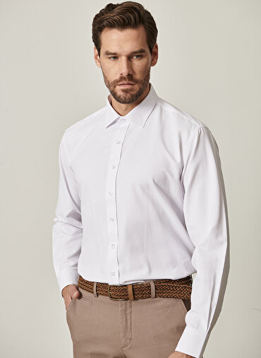 Erkek Regular Fit Bol Kesim Klasik Gömlek Yaka Armürlü Beyaz Gömlek