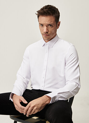 Erkek Tailored Slim Fit Dar Kesim Klasik Gömlek Yaka Armürlü Beyaz Gömlek