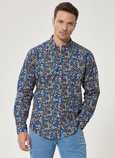 Erkek Tailored Slim Fit Düğmeli Yaka Baskılı %100 Pamuk Gömlek