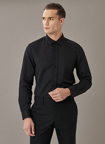 Erkek Slim Fit Armürlü Klasik Yaka Siyah Gömlek