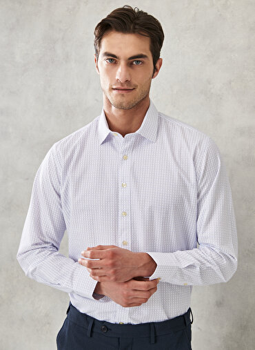 Erkek Comfort Fit Rahat Kesim Klasik Yaka Baskılı Uzun Kollu Casual Gömlek